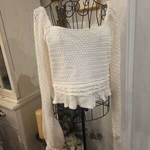 AQUA White Knit Puff Sleeve Peasant Top Size XL Boho Clean Girl